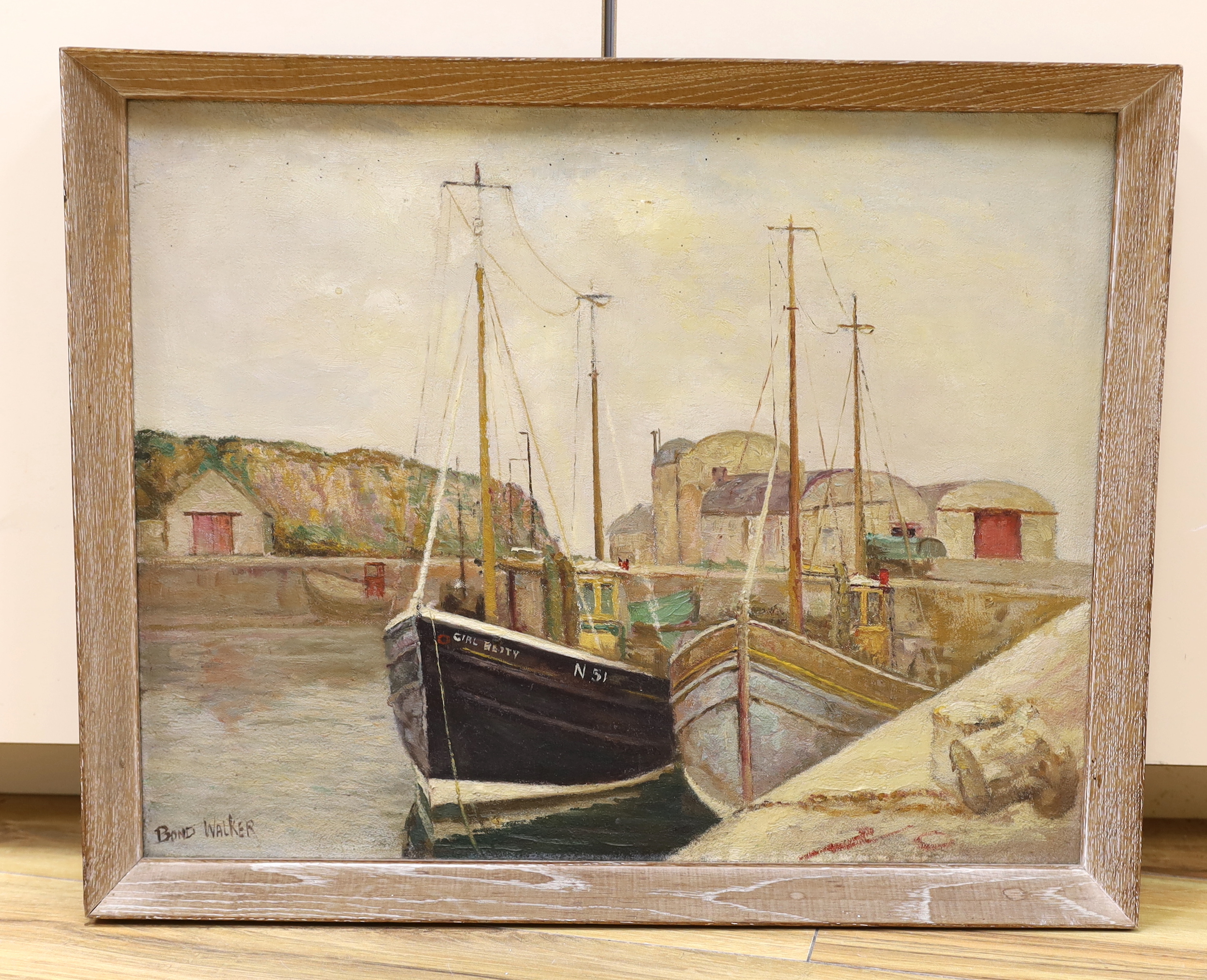 David Bond Walker (1891-1977), oil on canvas, Coastal harbour with moored fishing boats, signed, 40 x 50cm